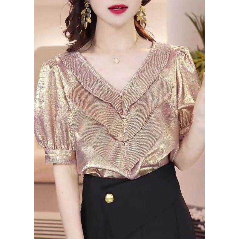 French Gold V Neck Ruffled Patchwork Silk Shirt Tops Summer