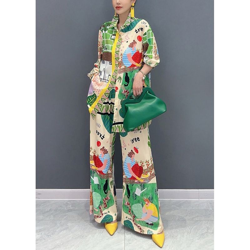 French Green Peter Pan Collar Print Pockets Two Pieces Set Long Sleeve