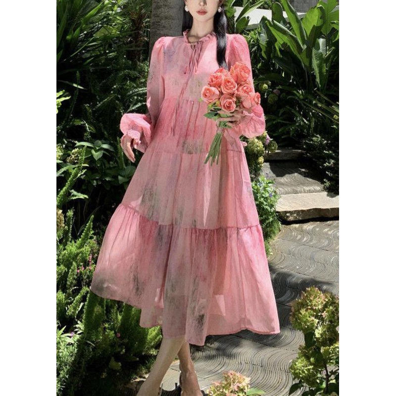 French Pink Ruffled Lace Up Patchwork Chiffon Dress Long Sleeve