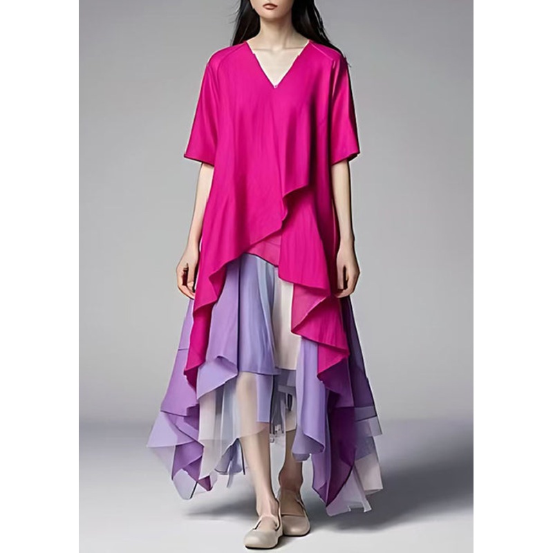 French Rose Oversized Patchwork Tulle Long Dress Summer