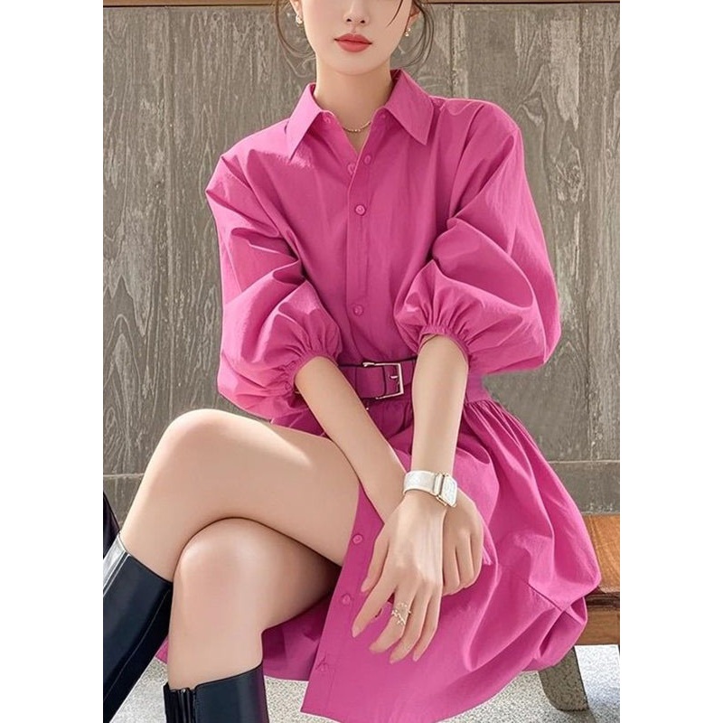 French Rose Peter Pan Collar Button Sashe Shirt Dress Summer