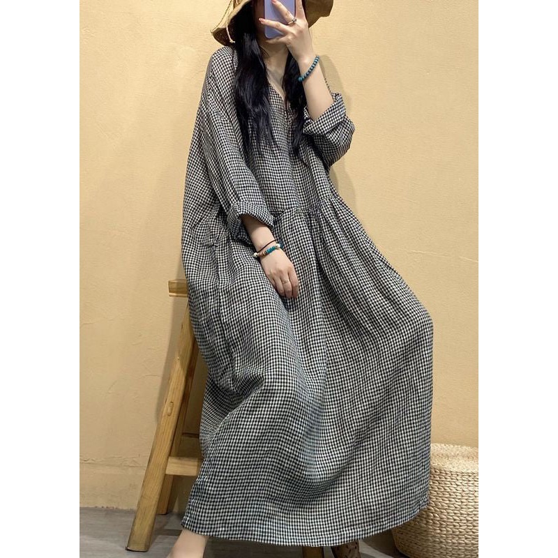 French Small Plaid V Neck Linen Long Dresses Fall
