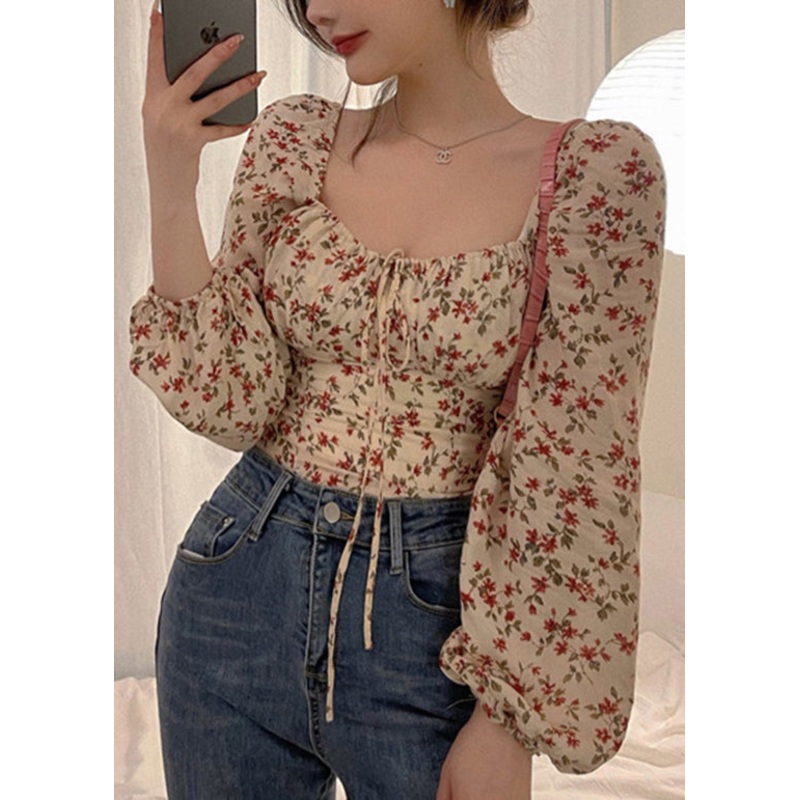 French Square Collar Print Puff Sleeve Cinched Top