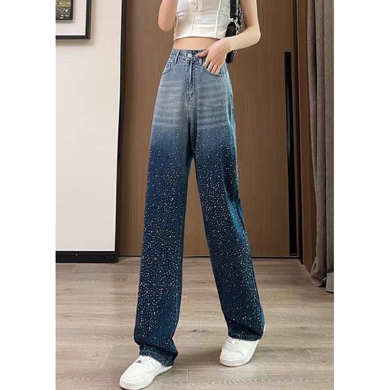 Gradient Color Blue Pockets High Waist Zircon Wide Leg Jeans