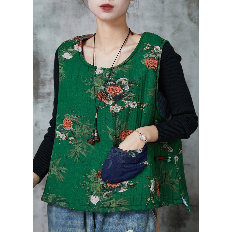 Green Print Fine Cotton Filled Vest Tops Oversized Spring