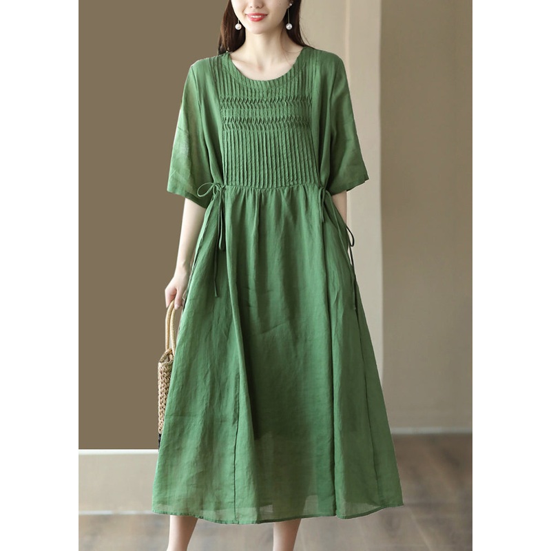 Green Wrinkled Tie Waist Linen Maxi Dress Short Sleeve