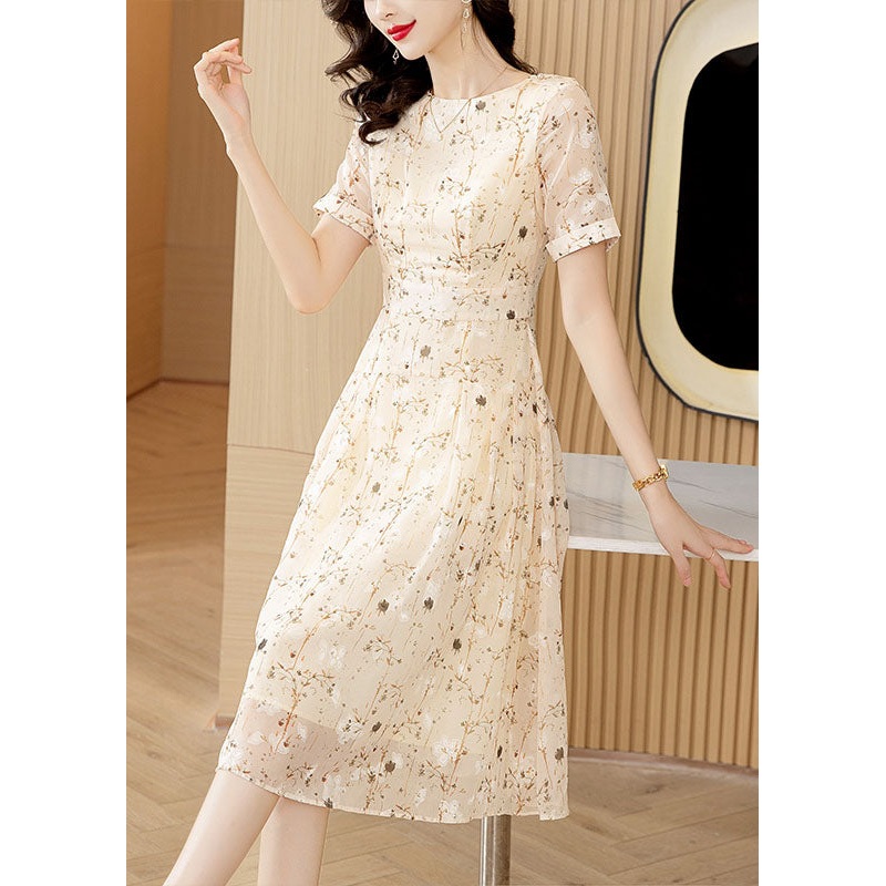 Italian Apricot O-Neck Print Wrinkled Chiffon Dresses Summer