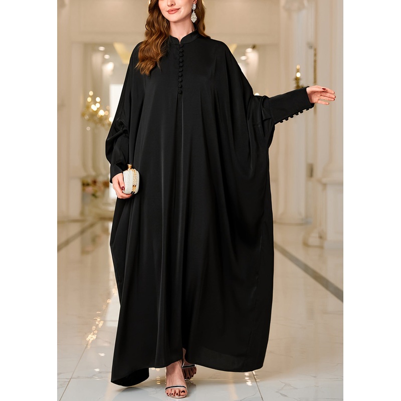 Italian Black Button Solid Cotton Maxi Dresses Batwing Sleeve
