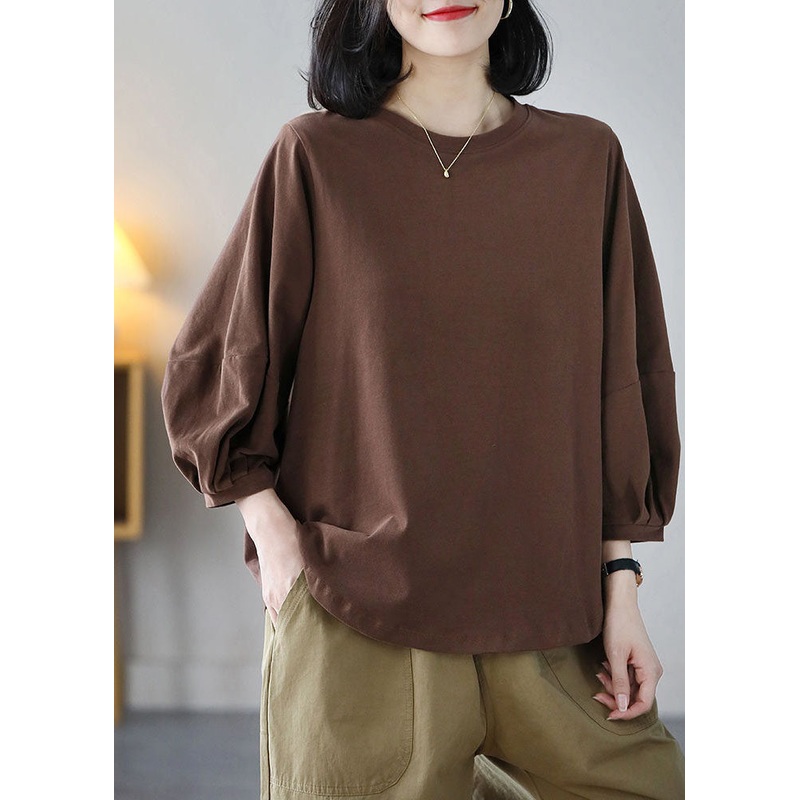Italian Coffee O-Neck Oversized Cotton Blouse Top Bracelet Sleeve