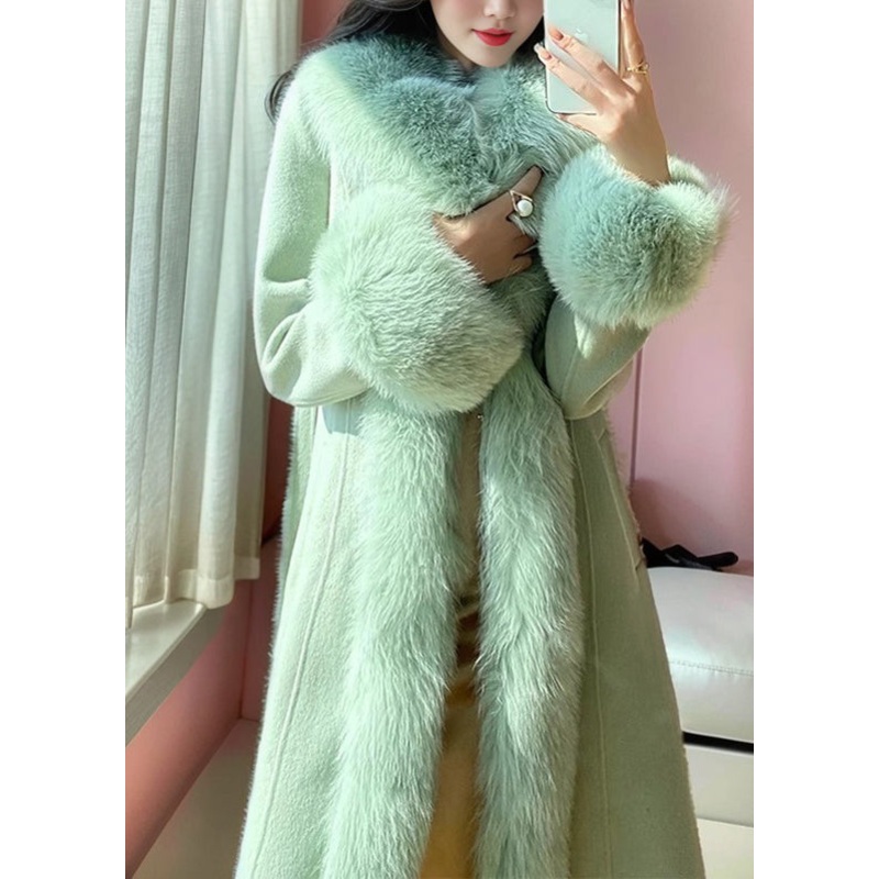 Italian Green Tie Waist Woolen Long Coats Winter