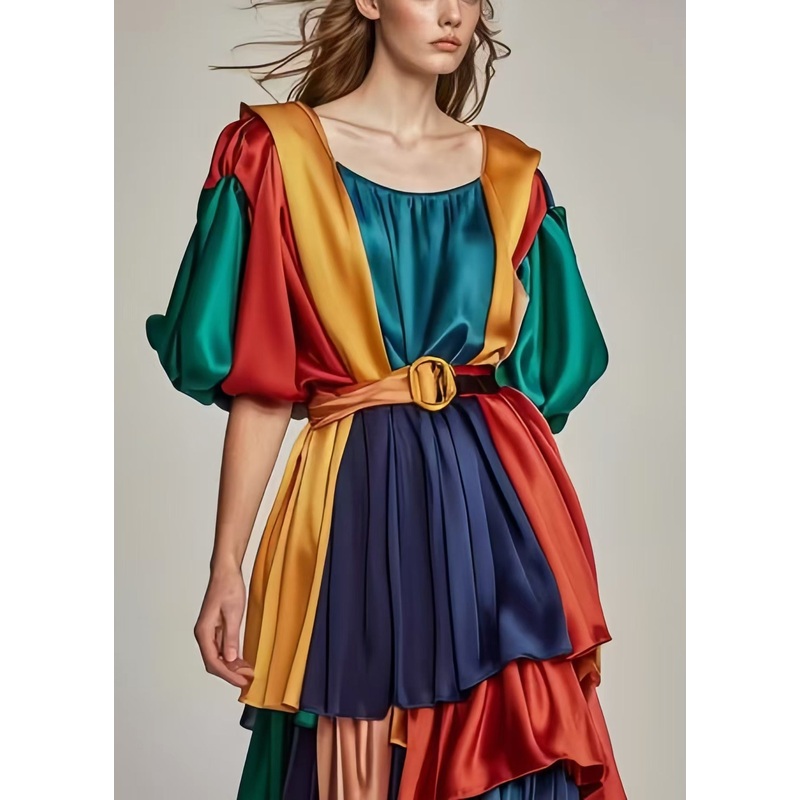 Italian Peacock Green Cinched Patchwork Silk Dresses Lantern Sleeve