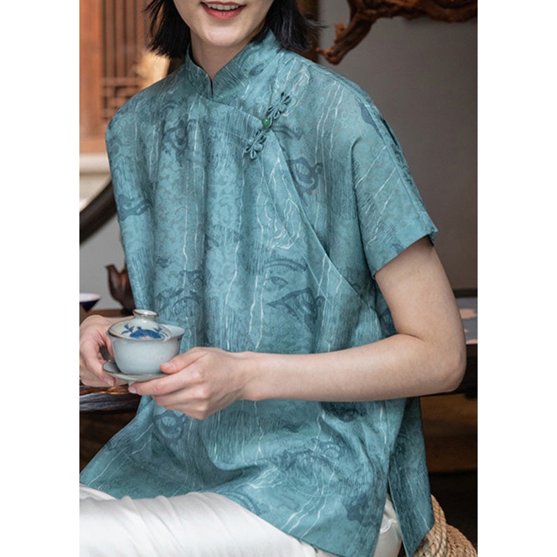 Jacquard Blue Stand Collar Button Silk Shirt Short Sleeve