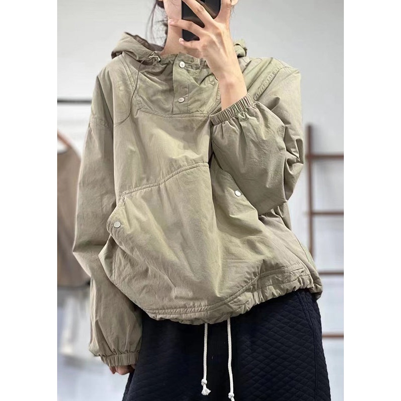 Khaki Patchwork Loose Fine Cotton Filled Top Hooded Cinched Winter