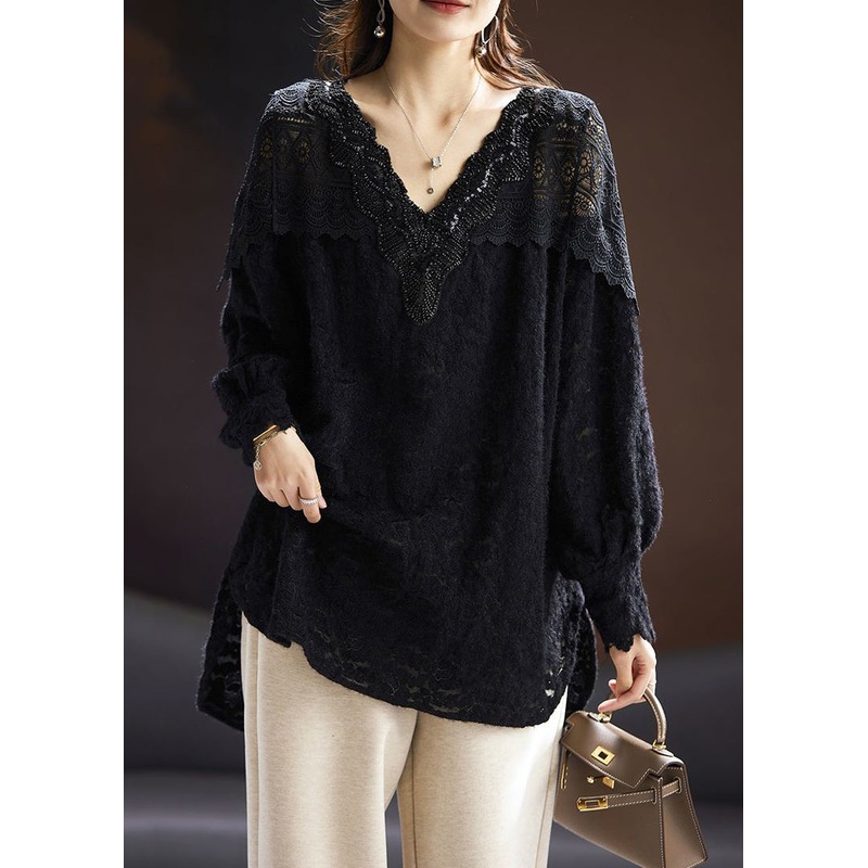 Loose Black Nail Bead Side Open Lace Shirt Spring