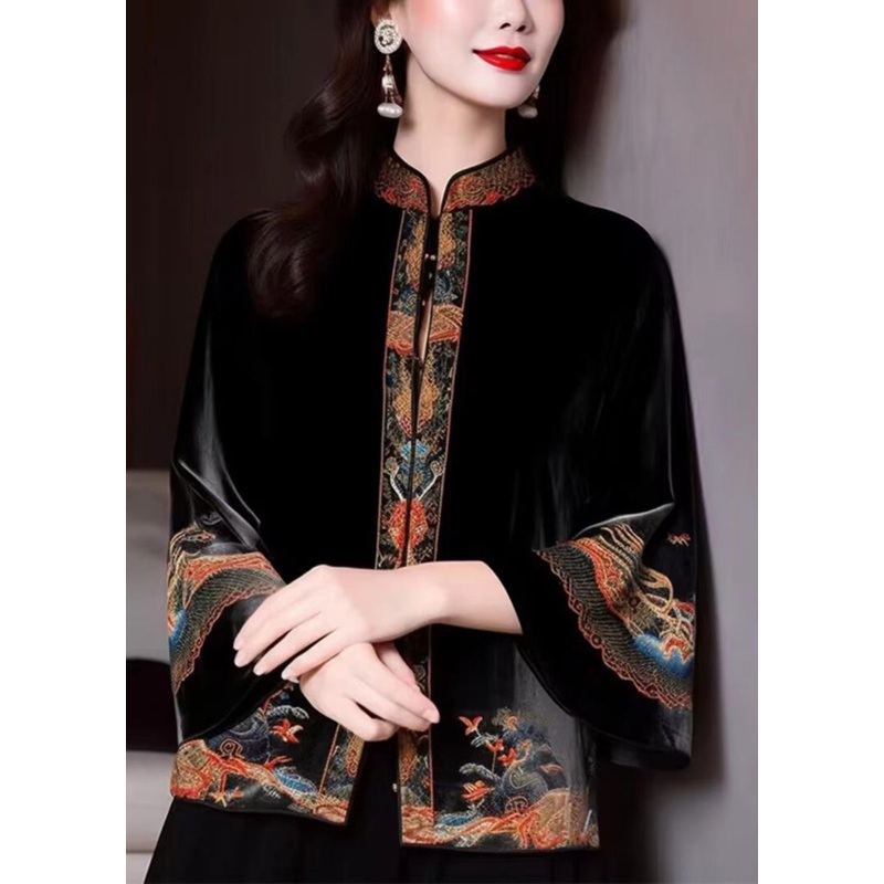 Loose Black Stand Collar Embroideried Silk Velour Coats Flare Sleeve