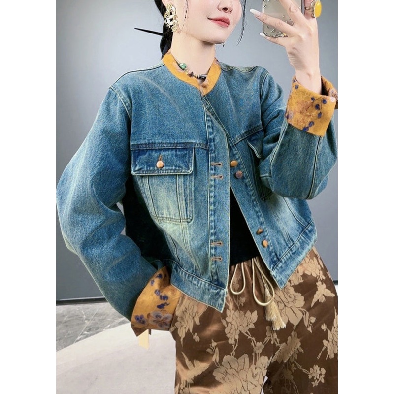 Loose Blue Button Pockets Patchwork Denim Coats Spring
