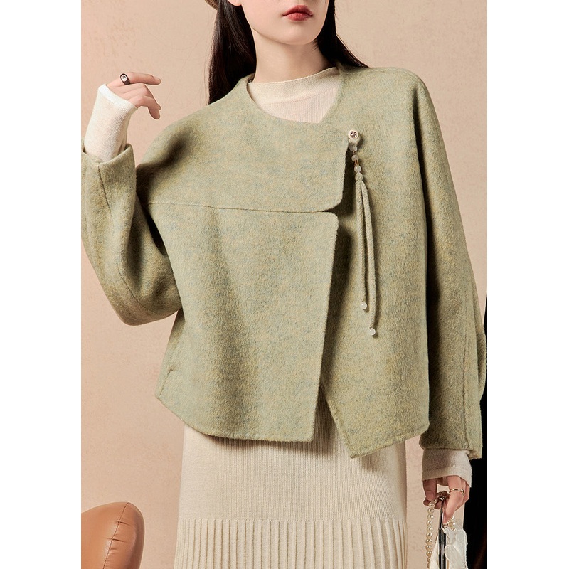 Loose Green O-Neck Tasseled Woolen Coats Winter