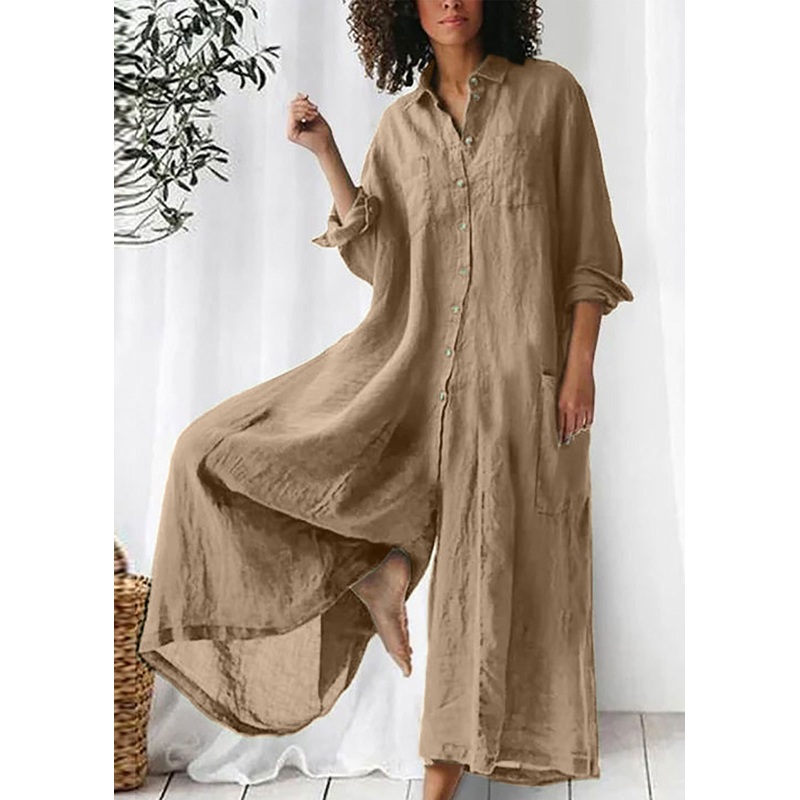Loose Khaki Peter Pan Collar Button Pockets Linen Jumpsuits Long Sleeve