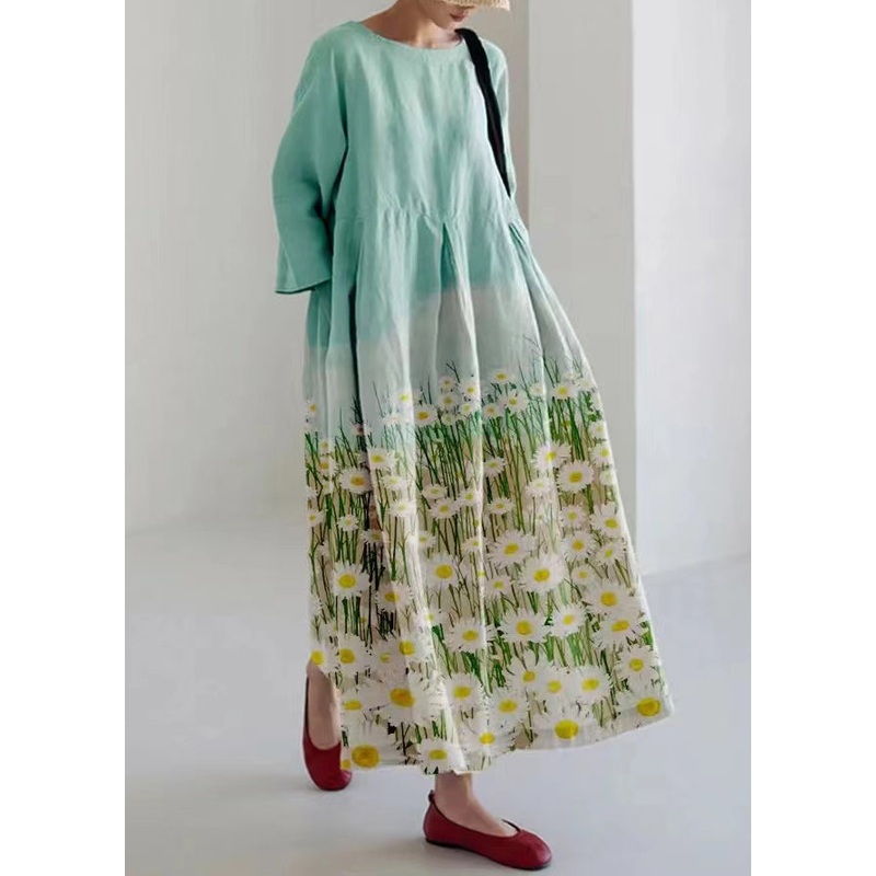 Loose Light Green O-Neck Print Pockets Vacation Long Dresses Bracelet Sleeve