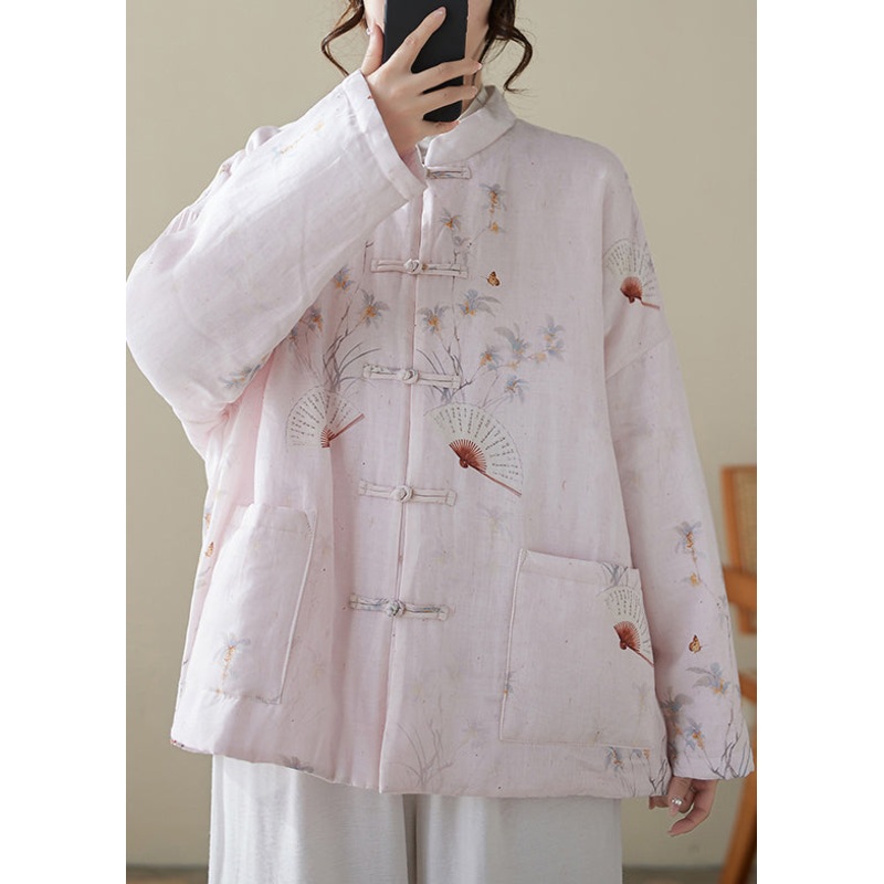 Loose Pink Button Print Pockets Winter Thick Coats