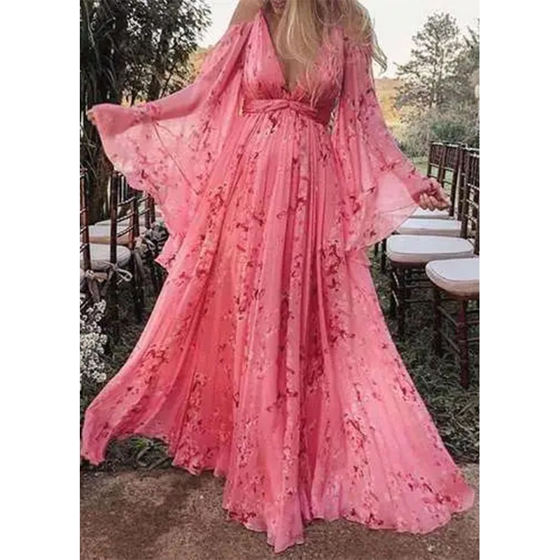 Loose Pink V Neck Wrinkled Print Chiffon Maxi Dresses Batwing Sleeve