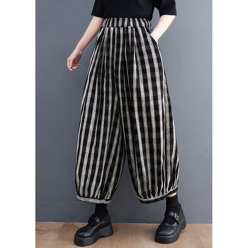 Loose Striped Pockets Elastic Waist Cotton Wide Leg Pants Spring