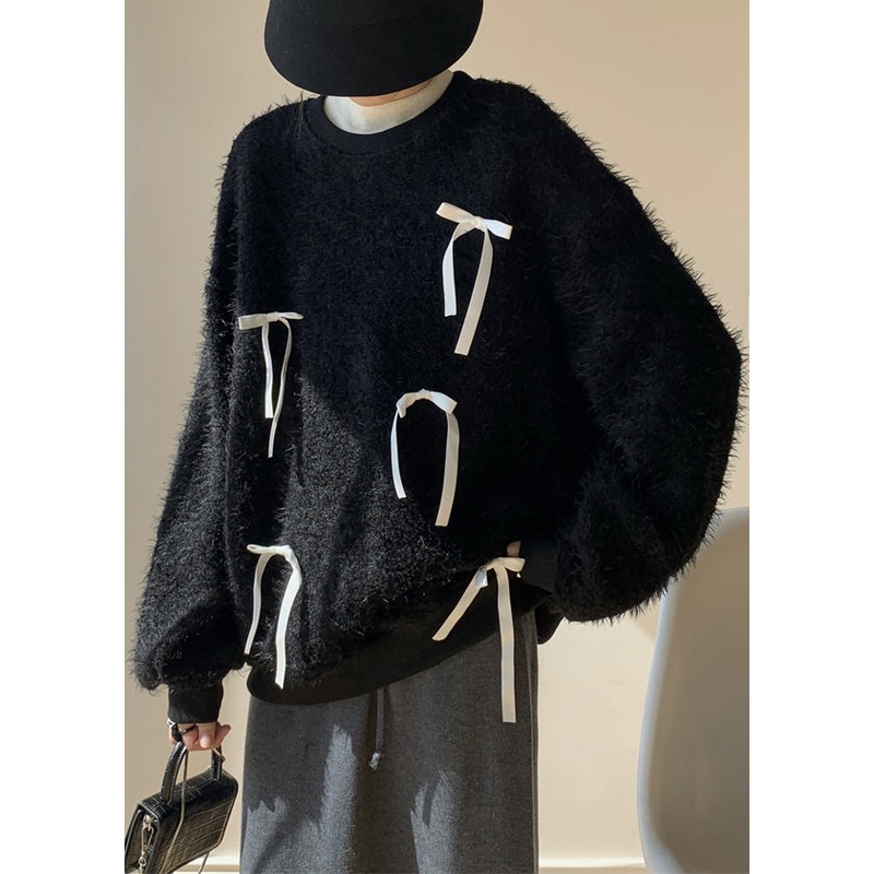 Loose White O Neck Bow Knit Sweaters Winter