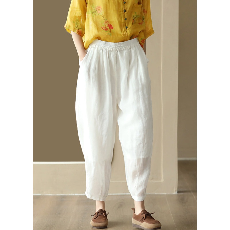 Loose White Pockets Elastic Waist Linen Crop Pants Summer