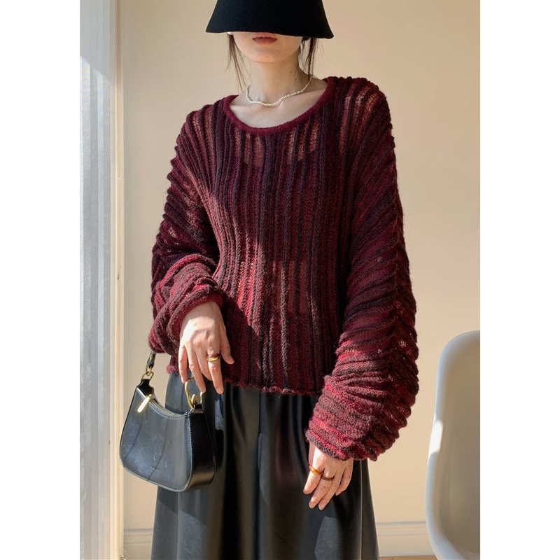 Loose Wine Red O Neck Striped Knit Sweaters Winter