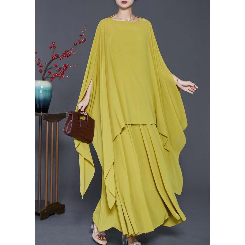 Modern Grass Green Asymmetrical Chiffon Two Piece Suit Set Spring