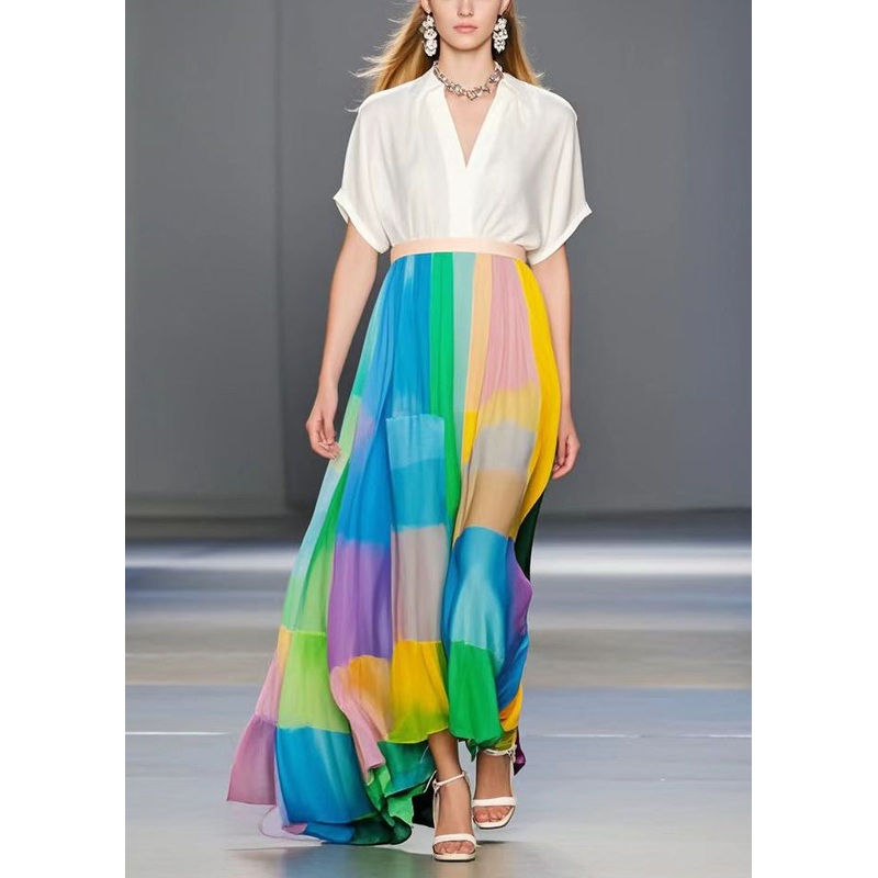 Natural Rainbow Print Exra Large Hem Chiffon Beach Skirts Summer