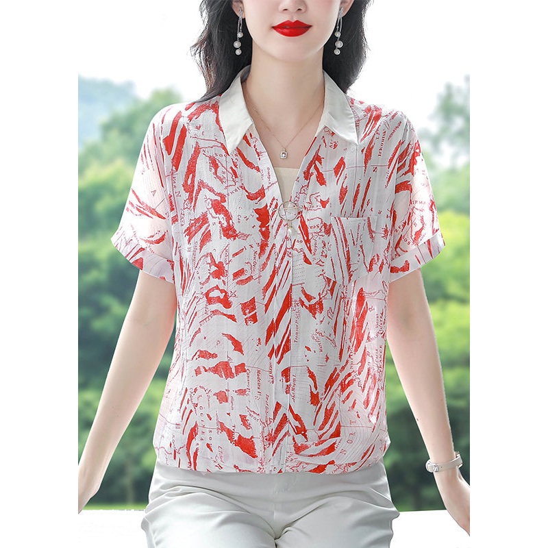 Natural Red Peter Pan Collar Print Chiffon Top Summer
