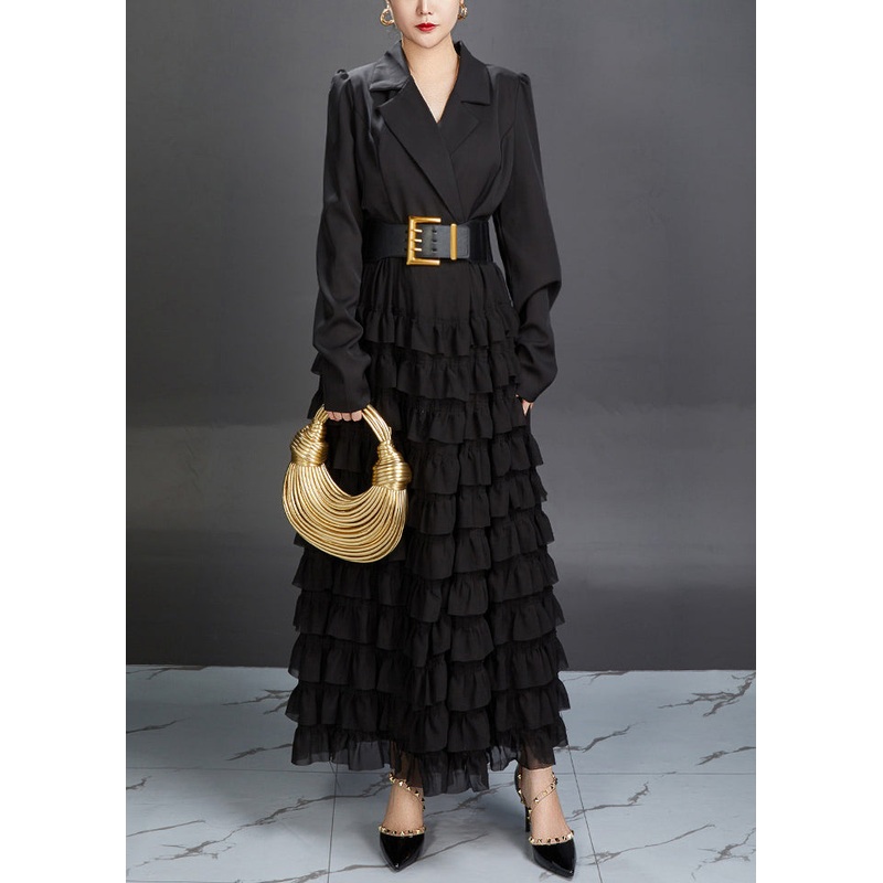 New Black Notched Ruffled Spandex Long Dresses Fall