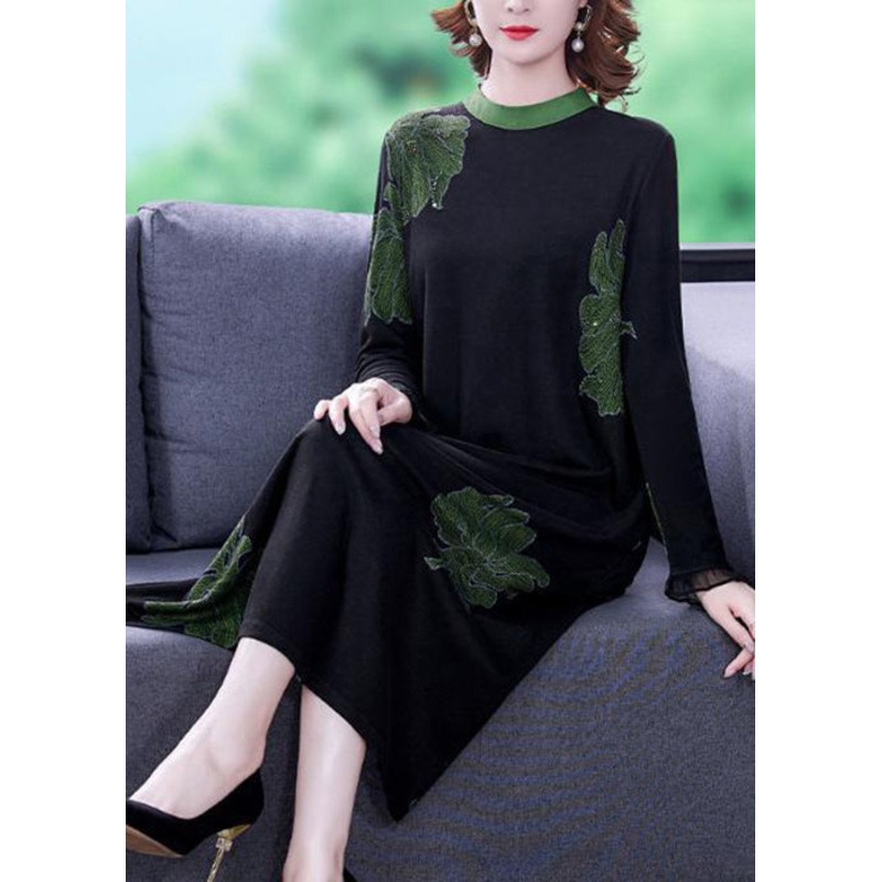 New Black O Neck Print Pockets Knitting Cotton Dresses Long Sleeve