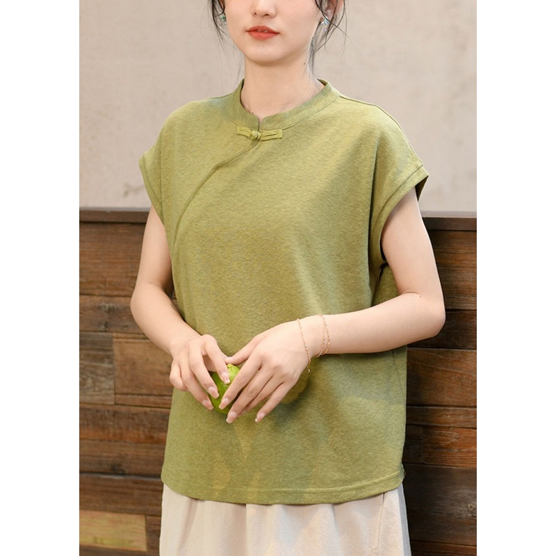 New Chinese Style Green Stand Collar T Shirt Short Sleeved