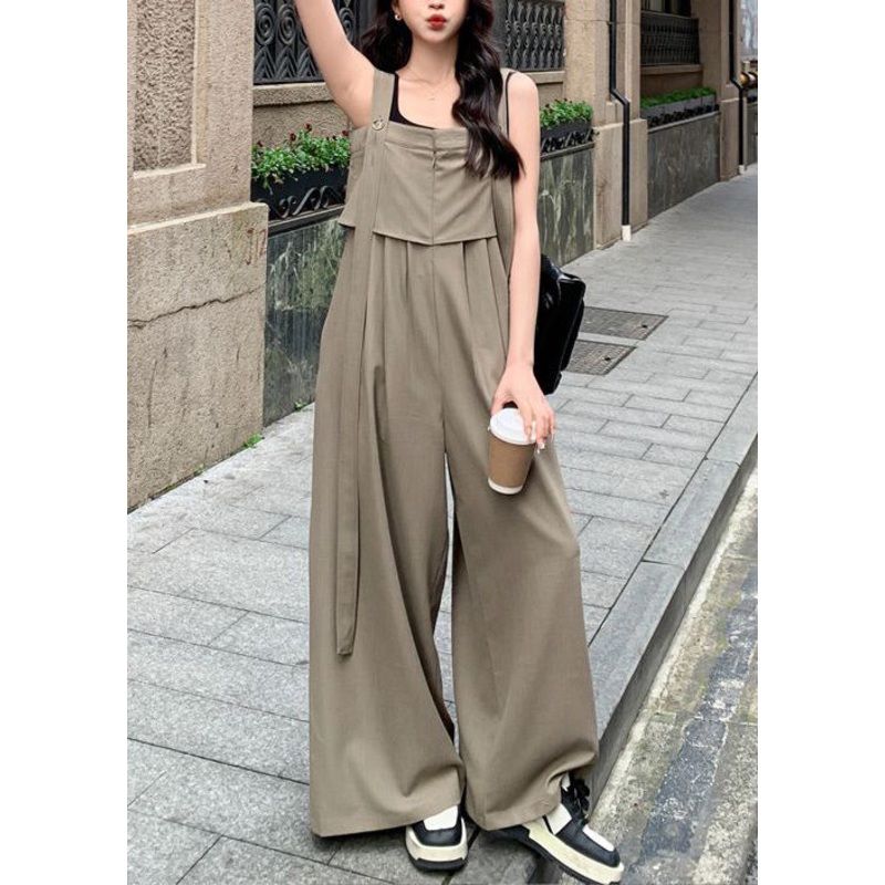New Khaki Button High Waist Cotton Jumpsuits Sleeveless