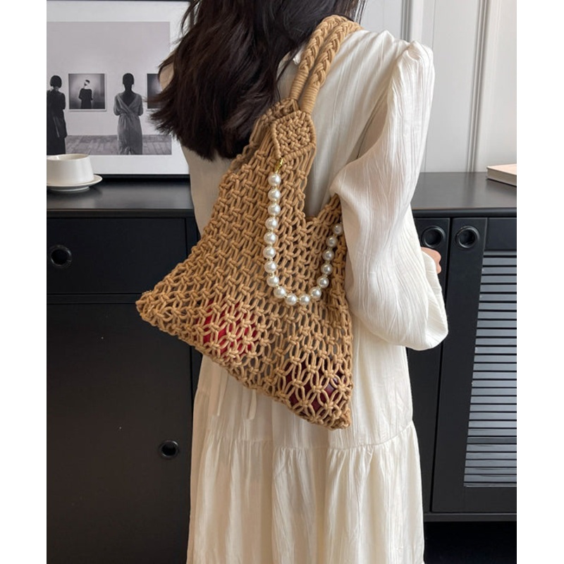 New Khaki Hollow Out Beading Fashionable Weaving Satchel Bag Handbag