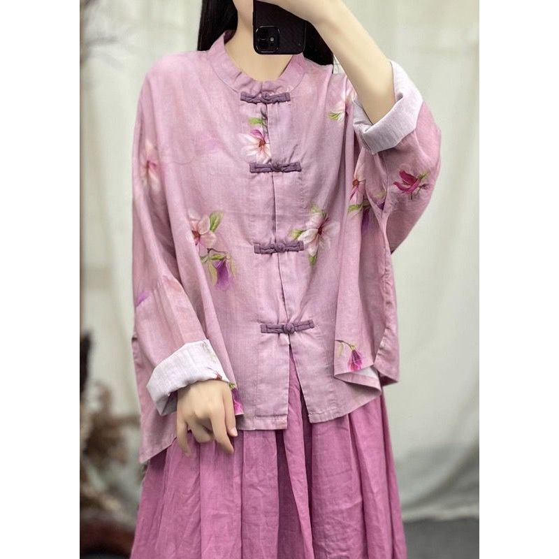 New Pink O Neck Button Patchwork Linen Coat Spring