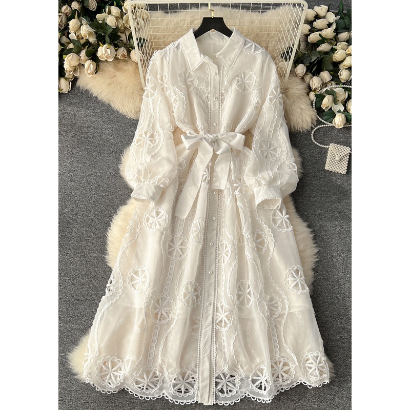 New White Hollow Out Tie Waist Cotton Shirts Dress Long Sleeve