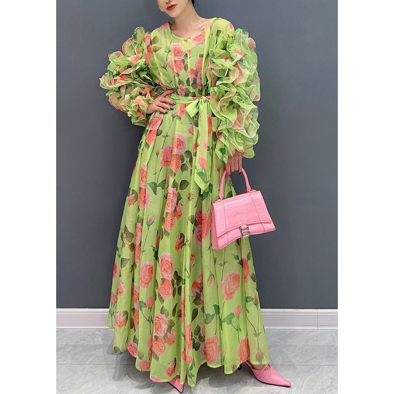 Novelty Green Ruffled Print Chiffon Dresses Long Sleeve