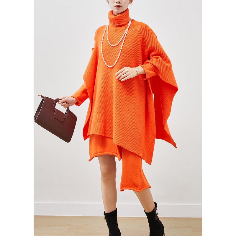 Orange Asymmetrical Knit Dress Two Pieces Set Turtle Neck Spring
