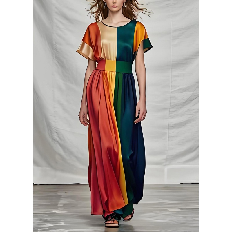 Organic Colorblock O Neck Plus Size Silk Dress Summer