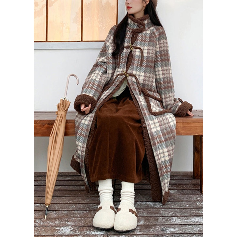 Original Green Coffee Plaid Pockets Fleece Wool Lined Coat Winter