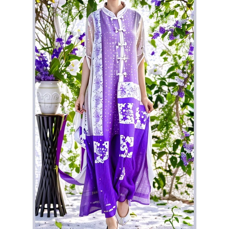 Original Purple Button Print Patchwork Silk Dress Half Sleeve