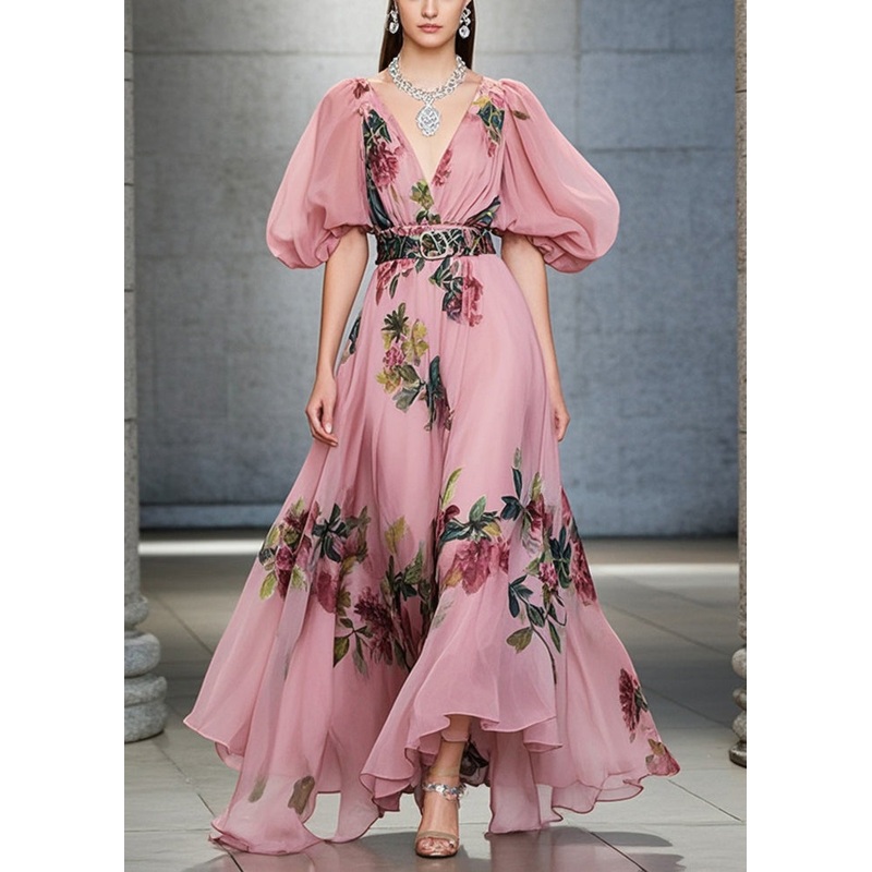 Pink Print Silm Fit Chiffon Vacation Dresses Exra Large Hem Puff Sleeve
