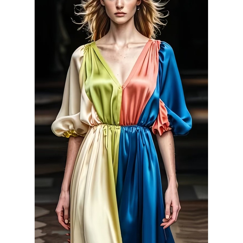 Plus Size Colorblock V Neck Patchwork Draping Silk Dress Summer