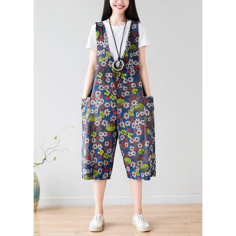 Plus Size Dark Grey V Neck Print Pockets Cotton Overalls Jumpsuit Summer