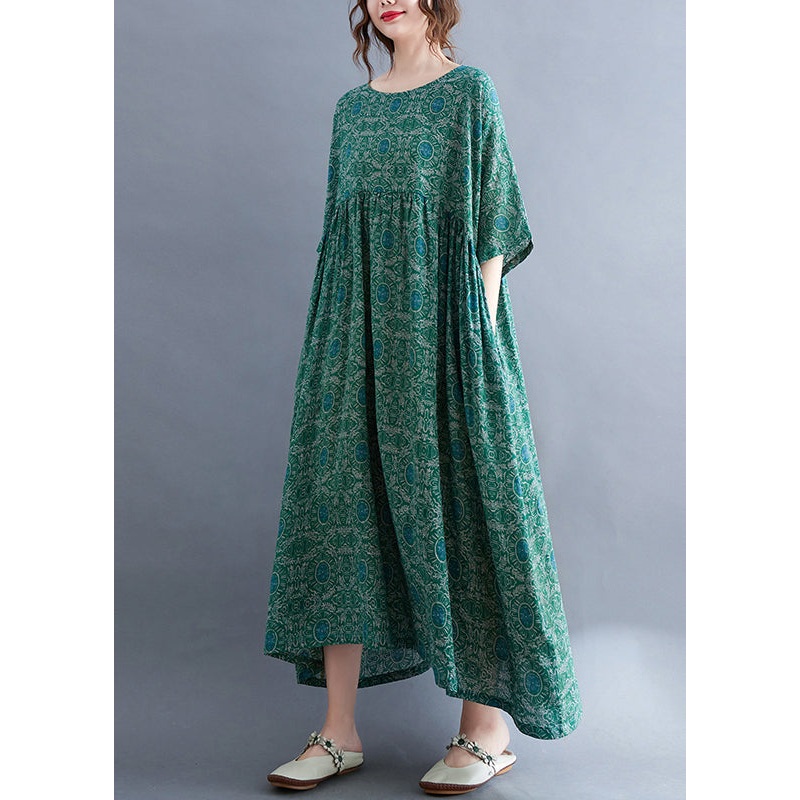 Plus Size Green O-Neck Print Patchwork Vacation Maxi Dresses Summer
