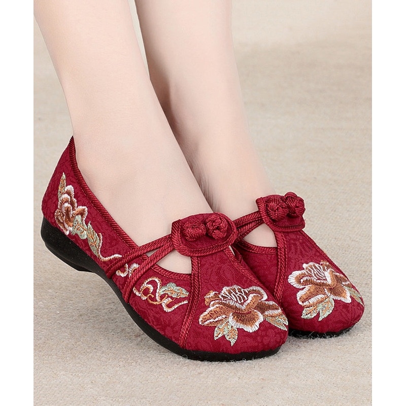 Red Flat Shoes Cotton Fabric Boho Embroidery Splicing