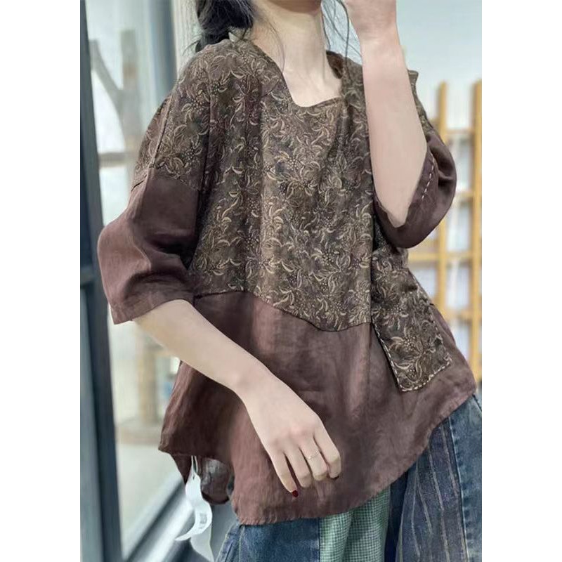 Retro Coffee O Neck Print Patchwork Linen Tops Half Sleeve